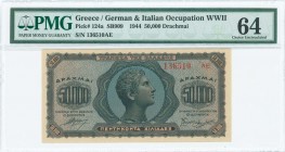 GREECE: 50000 Drachmas (14.1.1944) in blue and black on pale orange unpt with head of youth boy at center. S/N: "136510 AE". Printed in Athens. Inside...