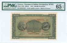 GREECE: 100000 Drachmas (21.1.1944) in black on brown, blue and green underprint with ancient athenian coin at left and right. Suffix S/N: "693575 EE"...
