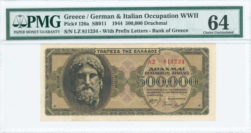 GREECE: 500000 Drachmas (20.3.1944) in black on brown underprint with God Zeus a...