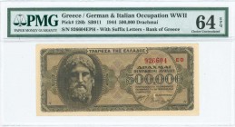 GREECE: 500000 Drachmas (20.3.1944) in black on brown underprint with God Zeus at left. Suffix S/N: "926604 ΕΦ" of height 4,5mm. Printed in Athens. In...