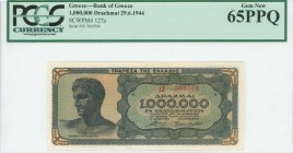 GREECE: 1 million Drachmas (29.6.1944) in black on blue-green and pale orange unpt with youth from Anticythera at left. Prefix S/N: "IZ 560506" of 3,5...