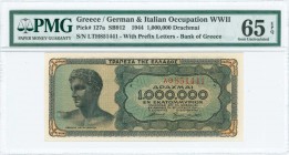 GREECE: 1 million Drachmas (29.6.1944) in black on blue-green and pale orange underprint with youth of Anticythera at left. Prefix S/N: "ΑΘ 851441" of...