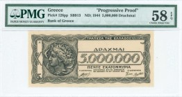 GREECE: Color proof of face of 5 million Drachmas (20.7.1944) in black with Arethusa on dekadrachm of Syracuse at left. Printed in Athens. Inside hold...