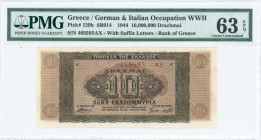GREECE: 10 million Drachmas (29.7.1944) in dark brown on brown underprint with value at center and decorations. Suffix S/N: "465595 ΑΞ" of height 4,5m...