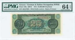 GREECE: 25 million Drachmas (10.8.1944) in dark green and green with ancient coin from Dodoni at left and right. Prefix S/N: "AB 147653" of height 4,5...