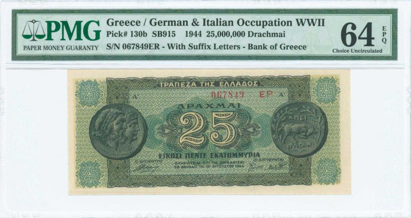 GREECE: 25 million Drachmas (10.8.1944) in dark green and green with ancient coi...