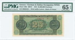 GREECE: 25 million Drachmas (10.8.1944) in dark green and green with ancient coin from Dodoni at left and right. Suffix S/N: "090294 EY" of height 4,5...