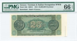GREECE: Final proof of face and back of 25 million Drachmas (10.8.1944) in dark green and green with ancient coin from Dodoni at left and right. Print...