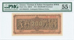 GREECE: 200 million Drachmas (9.9.1944) in brown on dark orange unpt with Panathenea detail from Parthenon frieze at center. Prefix S/N: "IΔ 261612" o...