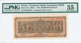 GREECE: 200 million Drachmas (9.9.1944) in brown on dark orange unpt with Panathenea detail from Parthenon frieze at center. Prefix S/N: "ΚΚ 224991" o...