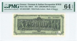 GREECE: 2 billion Drachmas (11.10.1944) in black on light green unpt with Panathenea detail from Parthenon frieze. Prefix S/N: "KE 215697" of 3,5mm he...