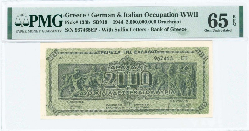 GREECE: 2 billion Drachmas (11.10.1944) in black on light green unpt with Panath...