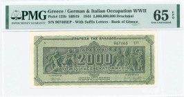 GREECE: 2 billion Drachmas (11.10.1944) in black on light green unpt with Panathenea detail from Parthenon frieze. Suffix S/N: "967465 ΕΠ" of 3mm heig...