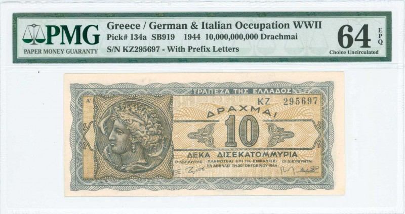 GREECE: 10 billion Drachmas (20.10.1944) in black and dark blue on light brown u...