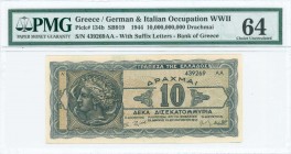 GREECE: 10 billion Drachmas (20.10.1944) in black and dark blue on light brown underprint with Ancient coin from Syracuses with Arethusa at left. Suff...