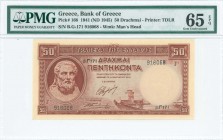 GREECE: 50 Drachmas (1.1.1941) in red with Hesiod at left. S/N: "916068 Γ". WMK: Goddess Athena. Printed by TDLR. Inside holder by PMG "Gem Uncirculat...