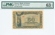 GREECE: 50 Drachmas (9.11.1944) in brown on blue and gold unpt with statue of Nike of Samothrace at left. S/N: "BM 378756". Printed in Athens. Inside ...