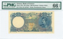GREECE: 100 Drachmas (ND 1944) in deep blue on blue and gold unpt with Kanaris at right. S/N: "θ.E-191 947027". WMK: Themistocles. Printed by W&S (wit...