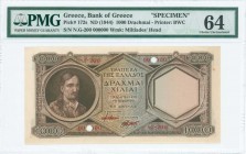GREECE: Specimen of 1000 Drachmas (ND 1944) in dark brown on blue and brown unpt with portrait of Kolokotronis at left. Two red ovpts "SPECIMEN" over ...
