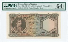 GREECE: 1000 Drachmas (ND 1944) in dark brown on blue and brown unpt with Theodoros Kolokotronis at left. Second type S/N: "E.06 144748". WMK: Miltiad...