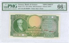GREECE: Specimen of 500 Drachmas (ND 1945) in green on light orange unpt with portrait of Kapodistrias at left. Two red ovpts "SPECIMEN" over signatur...