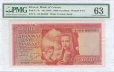 GREECE: 5000 Drachmas (ND 1945) in red on multicolor unpt with personification of Motherhood at center. First type S/N: "A.118 042956". WMK: Goddess A...