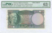 GREECE: 20000 Drachmas (ND 1947) in dark green on multicolor unpt. Two reds ovpts "SPECIMEN" over signatures, two cancellation holes on S/N and two pe...