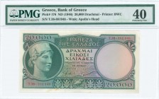 GREECE: 20000 Drachmas (ND 1947) in dark green on multicolor unpt with Athena at left. S/N: "T.38 881948". Variety: Security strip. WMK: God Apollo. P...