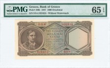GREECE: 1000 Drachmas (14.11.1947) in dark brown on blue and orange unpt with Kolokotronis at left. S/N: "EO-4 822424". Printed by Bank of Greece (wit...