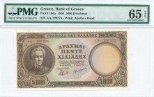 GREECE: 5000 Drachmas (28.10.1950) in brown on multicolor with Dionysius Solomos at left. S/N: "αα 106275". WMK: God Apollo. Printed by Bank of Greece...