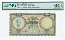 GREECE: 50 Drachmas (15.1.1954) in deep green and green on orange and blue unpt with personification of Health at left. S/N: "B.01 490394". WMK: God A...