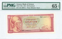 GREECE: 100 Drachmas (31.3.1954) in red on yellow and green unpt with Themistocles at left. S/N: "A.01 309711". WMK: Miltiades. Signature by Mantzavin...