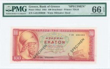 GREECE: Specimen of 100 Drachmas (1.7.1955) in red on yellow and green unpt with Themistocles at left and galley at bottom right. S/N: "Γ.06 000000". ...