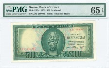 GREECE: 500 Drachmas (8.8.1955) in deep green on light blue, light orange and light green unpt with Socrates at center. S/N: "Z.05 680001". WMK: Gener...