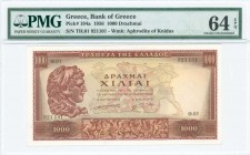GREECE: 1000 Drachmas (16.4.1956) in deep brown on ochre, blue and red unpt with portrait of Alexander the Great at left. S/N: "Θ.01 921101". WMK: God...