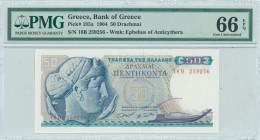GREECE: 50 Drachmas (1.10.1964) in blue and purple on multicolor unpt with Arethusa at left. S/N: "18B 259256". WMK: Youth of Anticythera. Printed by ...