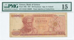 GREECE: 100 Drachmas (1.10.1967) in red and dark red on multicolor unpt with Demokritos at left. Error S/N: "24O / 34O 368090". WMK: The youth of Anti...