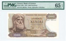 GREECE: 1000 Drachmas (1.11.1970) in brown on multicolor with Zeus at left. S/N: "01Z 599183". WMK: Aphrodite of Knidus. Printed by Bank of Greece. In...