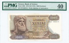 GREECE: 1000 Drachmas (1.11.1970 / 1972 issued) in brown on multicolor unpt with Zeus at left. S/N: "01I 959413". WMK: The youth of Anticythera. Print...