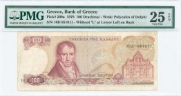 GREECE: 100 Drachmas (8.12.1978) in red and violet on multicolor unpt with Goddess Athena at left. S/N: "10Δ 951011" on back. WMK: The Charioteer from...