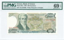 GREECE: 500 Drachmas (1.2.1983) in dark green on multicolor unpt with Ioannis Kapodistrias at left. S/N: "14A 619480". WMK: The Charioteer from Delphi...