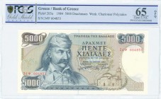 GREECE: 5000 Drachmas (23.3.1984) in dark blue on multicolor unpt with Theodoros Kolokotronis at left. S/N: "34Ψ 604853". WMK: The Charioteer from Del...
