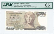 GREECE: 1000 Drachmas (1.7.1987) in dark brown on multicolor unpt with Apollo at center right. S/N: "29Θ 996558". WMK: The Charioteer from Delphi. Pri...