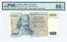GREECE: 5000 Drachmas (1.6.1997) in dark blue on multicolor unpt with Theodoros Kolokotronis at left. S/N: "05M 172255". WMK: Philip the second and la...