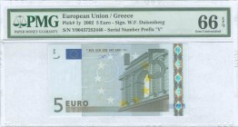 GREECE: 5 Euro (2002) in gray and multicolor with gate in classical architecture at right. S/N: "Y00437252446". Printing press and plate "P005H2". Sig...