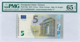 GREECE: 5 Euro (2013) in gray and multicolor with gate in classical architecture at right. S/N: "YA2883821867". Printing press and plate "Y003D1". Sig...
