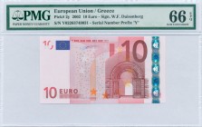 GREECE: 10 Euro (2002) in red and multicolor with gate in romanesque period. S/N: "Y02263749031". Printing press and plate "F001I1". Signature by Will...