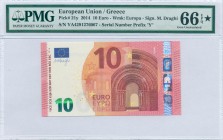 GREECE: 10 Euro (2014) in red and multicolor with gate in romanesque period. S/N: "YA4291276067". Printing press and plate "Y007C3". Signature by Drag...