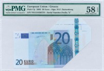 GREECE: 20 Euro (2002) in blue and multicolor with gate in gothic architecture. S/N: "Y01154436724". Printing press and plate "N001A5". Printing error...