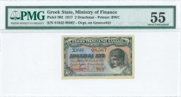 GREECE: 2 Drachmas (ovpt on Hellas #44a) (Law 1917 / ND 1918) in black on orange and blue unpt with Hermes at right. S/N: "Σ1642 08567". The banknote ...